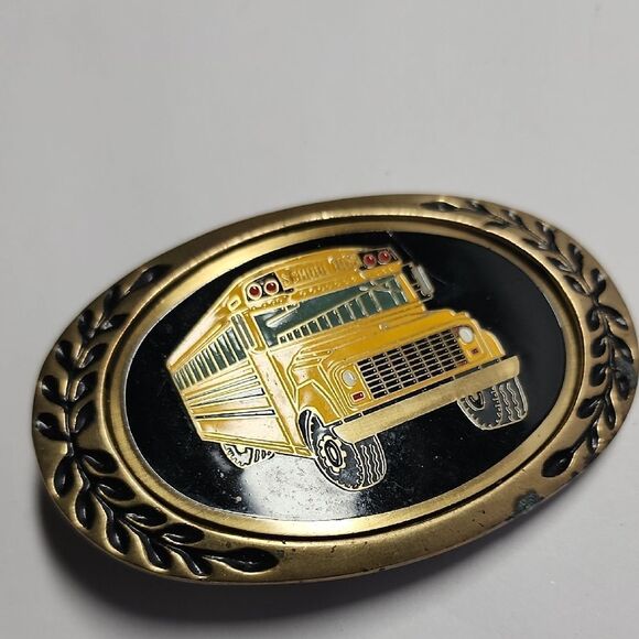 Yellow School Bus 1980s Solid Brass Vintage Belt Buckle - Picture 1 of 6
